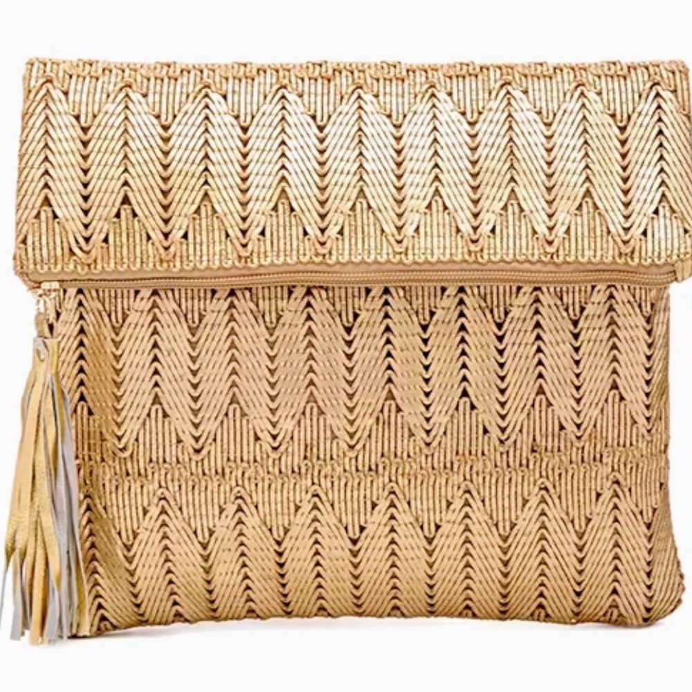 Ale By Alessandra La Pluma Gold Woven Clutch Purse Bag